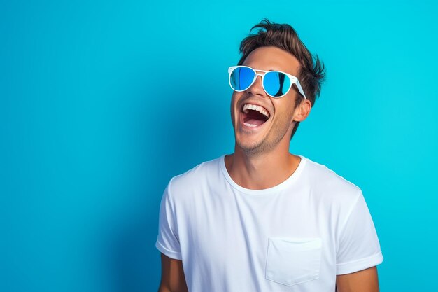 Joven feliz vestido de blanco sonriendo y riendo con gafas de sol sobre un fondo azul