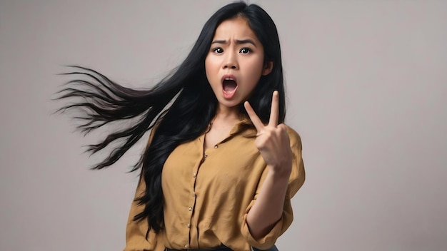 Una joven filipina con el pelo largo y negro en el estudio se sorprendió señalando con el dedo índice a un espacio de copia