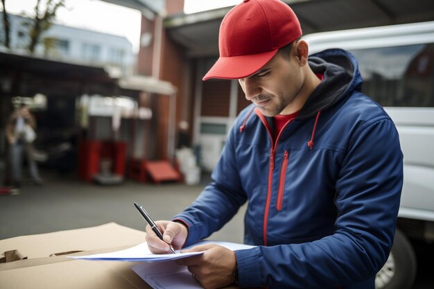 Joven firmando los papeles de entrega