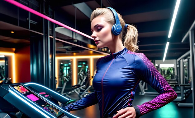 Una joven fitness con auriculares entrena en una cinta de correr en el gimnasio el concepto de deportes