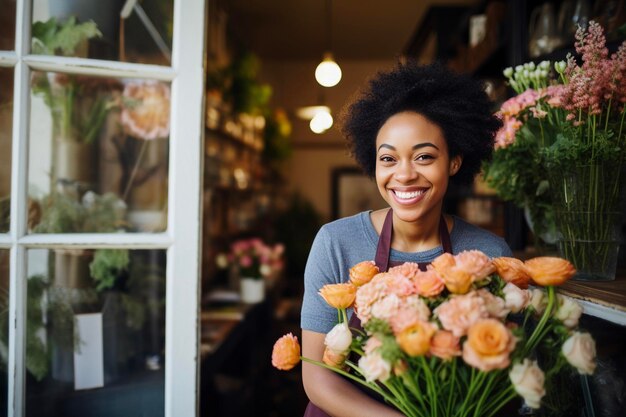 Joven florista feliz sonriendo mientras trabaja en una floristería