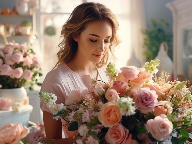 Foto una joven florista recoge un ramo en una floristería