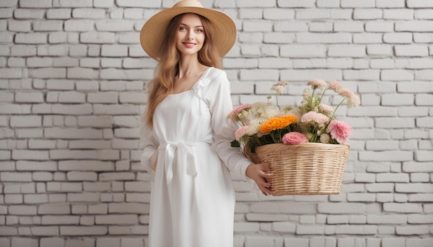 Foto una joven florista con ropa blanca y un sombrero de paja está de pie con una canasta