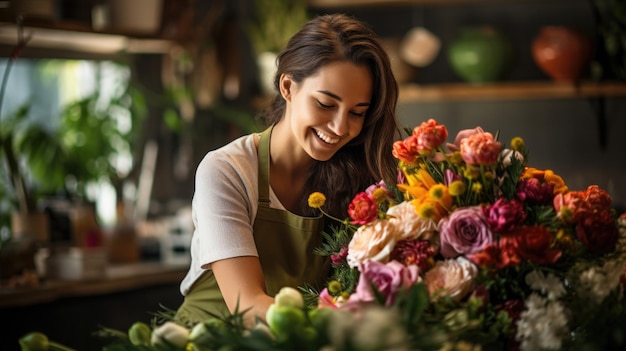 Foto una joven florista sonriente arreglando plantas en una floristería concepto del propietario de la floristería