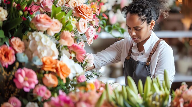 Foto una joven florista trabajando en un hermoso arreglo floral lleva una camisa blanca y un delantal