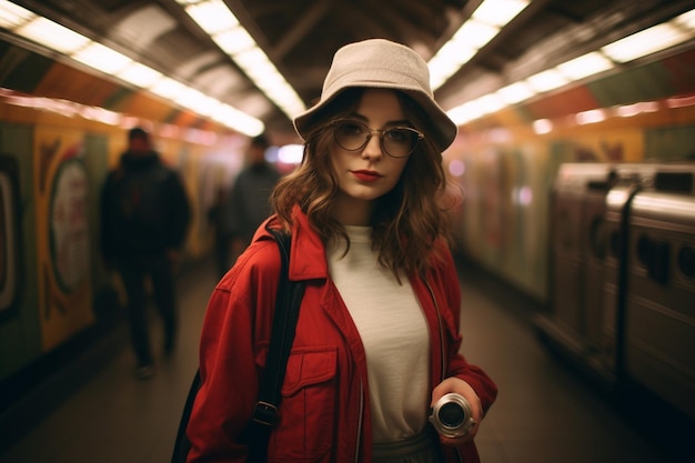Joven fotógrafa elegante explorando el metro de la ciudad