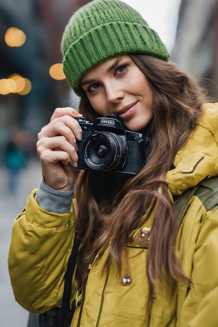 Joven fotógrafo con cámara en una elegante chaqueta amarilla