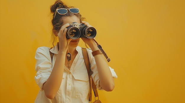 Joven fotógrafo capturando el mundo con estilo de moda vintage mujer con cámara en un fondo amarillo brillante retrato casual moderno con vibraciones retro IA