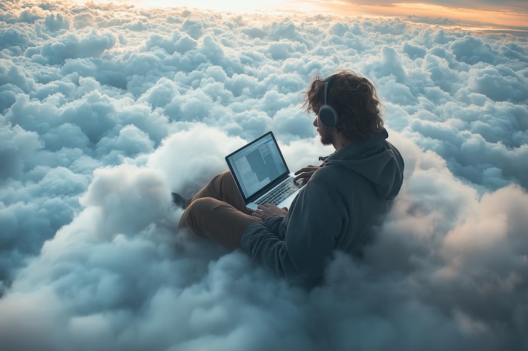 Foto joven freelance sentado en la cima de las nubes y trabajando en una computadora portátil