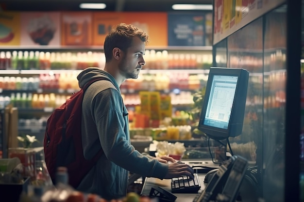 Un joven frente a un monitor de computadora en una sala de ventas de un supermercado Consultor de ventas o cliente está estudiando la variedad de la tienda de alta tecnología iluminación de neón interior