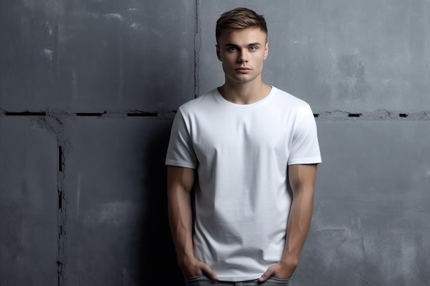 Un joven se para frente a una pared gris con una camiseta blanca.