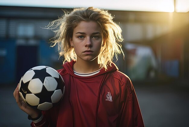 joven futbolista con la pelota en el campo en un club deportivo en el sol de la tarde