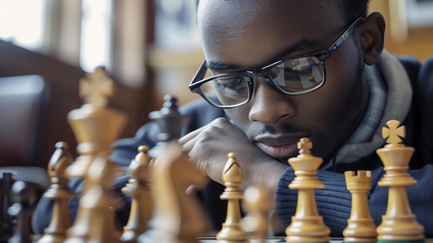 Foto un joven con gafas de borde de cuerno está jugando al ajedrez está mirando el tablero atentamente tratando de decidir su próximo movimiento