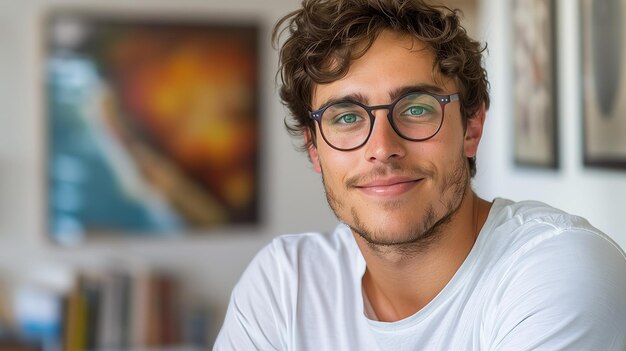 Un joven con gafas y una camiseta sonriendo para una foto de publicación divertida