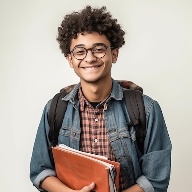 Un joven con gafas y chaqueta vaquera sostiene una carpeta de libros.