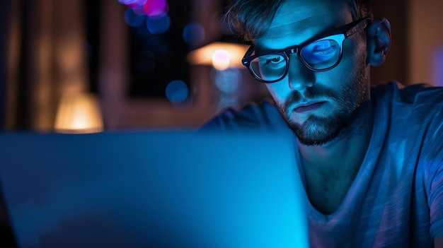 Un joven con gafas está trabajando en su portátil tarde en la noche la luz azul de la pantalla se refleja en su cara