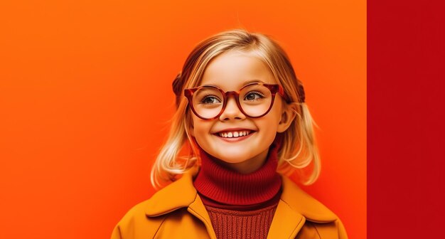 Una joven con gafas se para frente a una pared naranja.