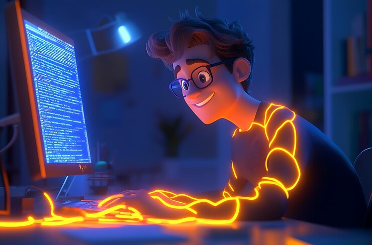 Foto un joven con gafas jugando a un videojuego en su computadora de escritorio ai generativa
