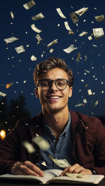 joven con gafas mirando feliz en el cuaderno con dólares cayendo del cielo