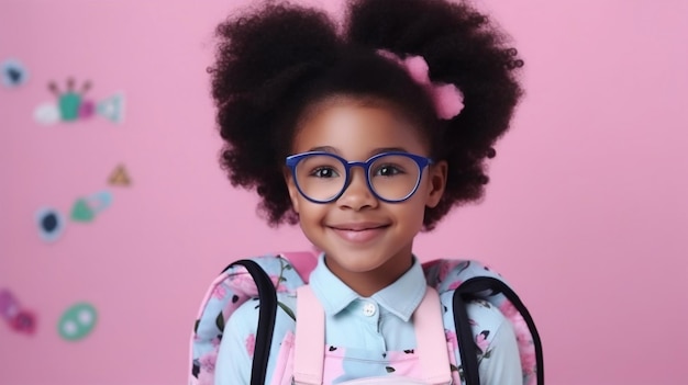 Una joven con gafas y una mochila con un lazo rosa en la cabeza.