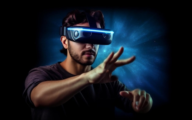 Joven con gafas modernas de Realidad Virtual VR apuntando con el dedo Reunión de negocios