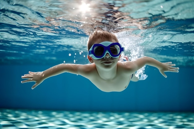 Un joven con gafas nadando bajo el agua en la piscina