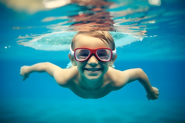 Un joven con gafas nadando bajo el agua en la piscina