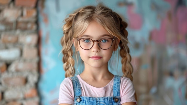 Una joven con gafas de pie contra una pared