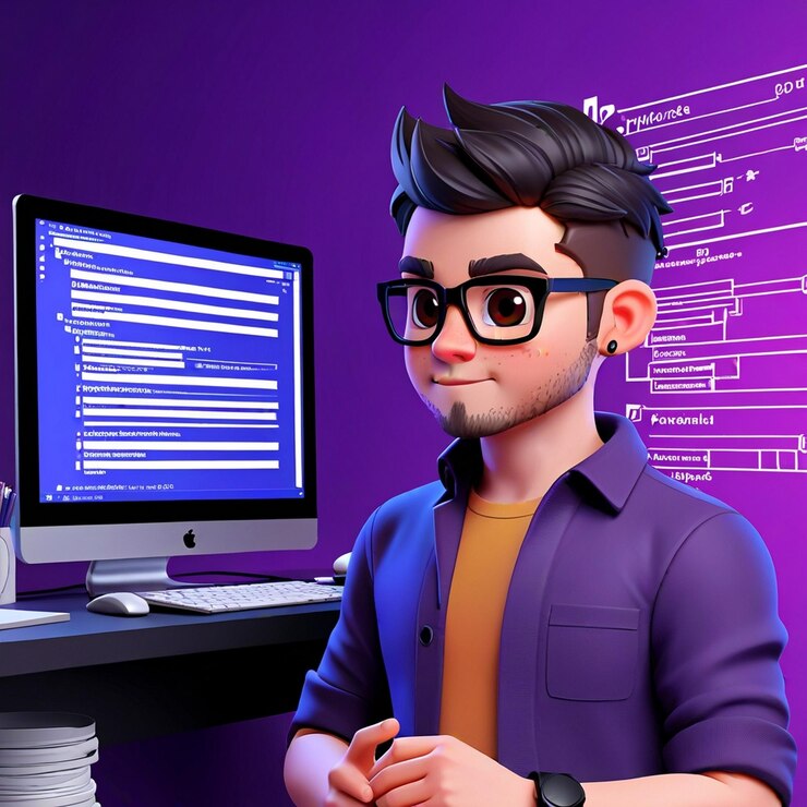 Foto un joven con gafas de pie frente a un monitor de computadora