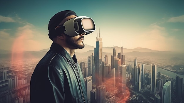 Joven con gafas de realidad virtual sobre fondo de paisaje urbano