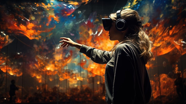 Foto una joven con gafas de realidad virtual vaga por una galería de arte digital ia generativa