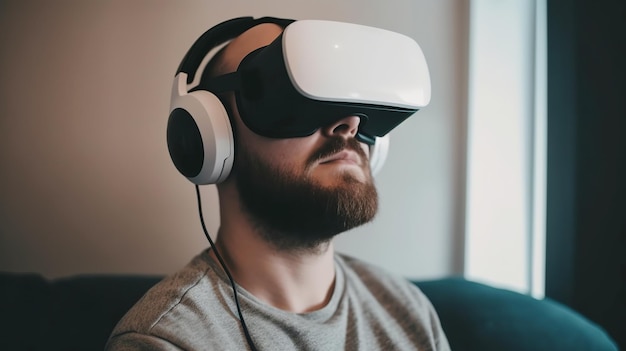 Joven con gafas de realidad virtual viendo películas o jugando videojuegos