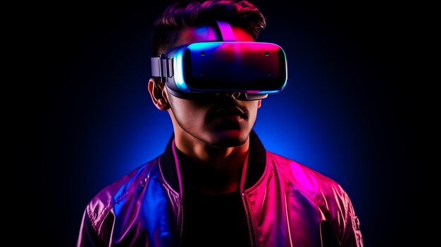 Joven con gafas de realidad virtual VR con gafas aisladas sobre un fondo negro