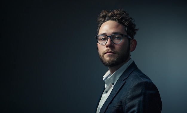 Joven con gafas retrato con espacio de copia Joven empresario iniciador