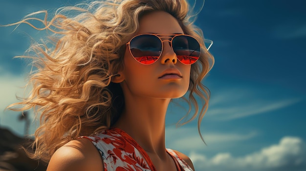 Foto una joven con gafas de sol y un hermoso cabello rizado descansa en una playa soleada.