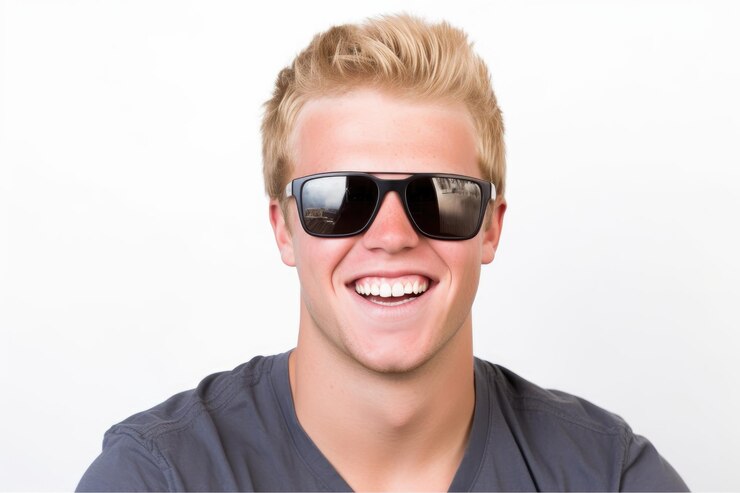 Un joven con gafas de sol mientras sonríe aislado en blanco creado con ai generativo