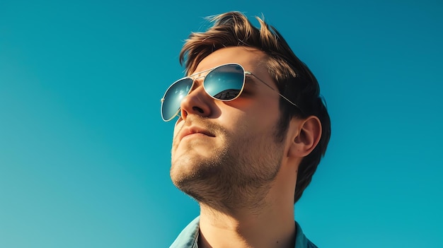 Un joven con gafas de sol mirando hacia el cielo. El hombre tiene una expresión de confianza en su rostro.