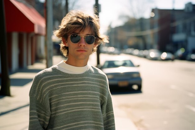 Foto un joven con gafas de sol parado en una calle de la ciudad