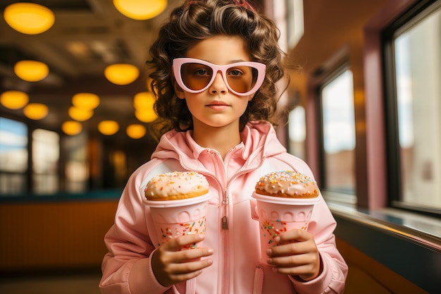Una joven con gafas de sol rosas con dos helados en una chaqueta rosa