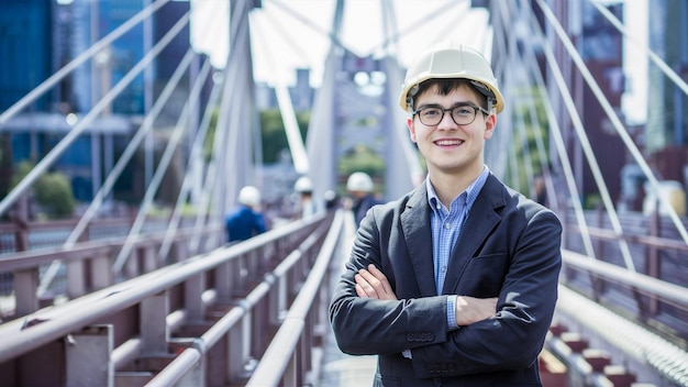 un joven con gafas y un sombrero de pie en un puente