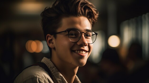 Foto un joven con gafas sonríe a la cámara.