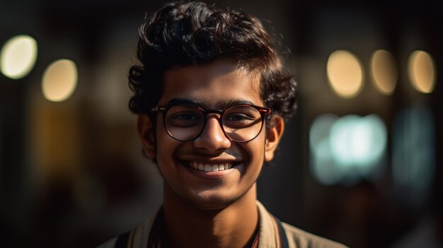 Un joven con gafas sonríe a la cámara.