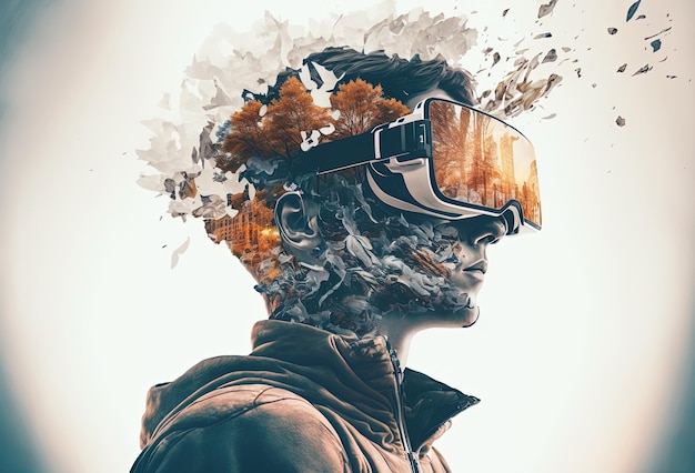 Joven con gafas VR inmerso en la realidad virtual surrealista fondo abstracto doble exposición Arte creativo y tecnología metauniverso Representación 3D IA generada