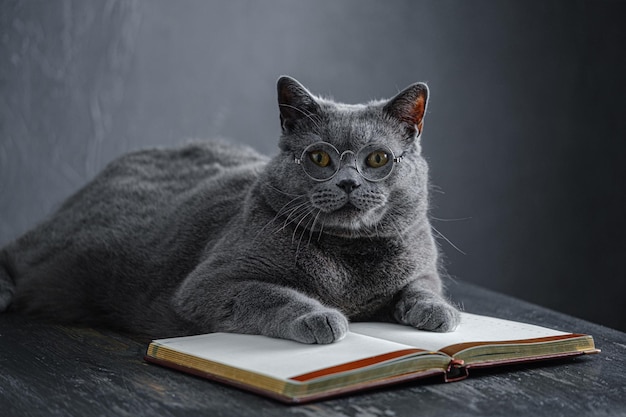 Un joven gato británico gris grande con gafas redondas transparentes se encuentra en un cuaderno, un cuaderno.