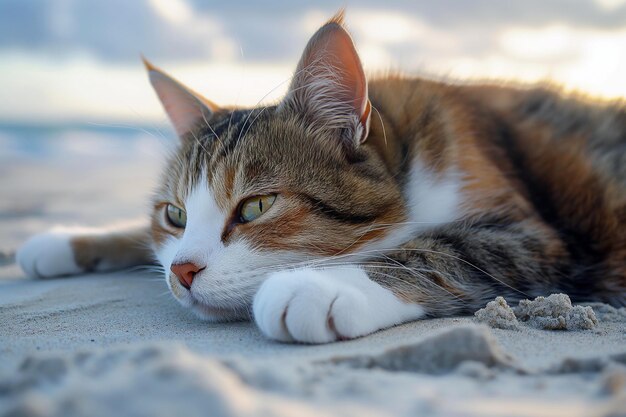 Foto un joven gato calico explorando una playa cubierta de guijarros durante el día