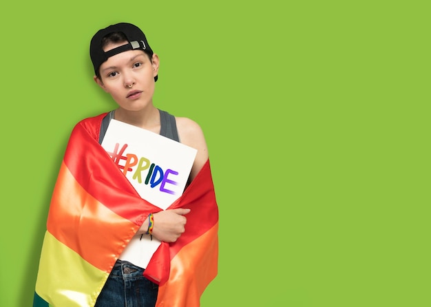 Foto joven gay de pie frente a un fondo verde con un signo de orgullo gay escrito