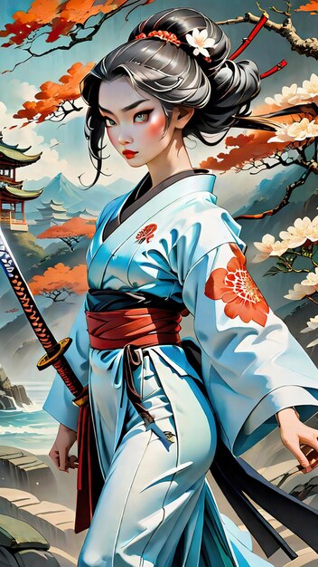 Foto una joven geisha con kimono y una espada samurai