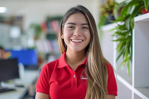 Foto un joven gerente de la comunidad mexicana con una camiseta polo roja en una oficina blanca bien iluminada se ríe