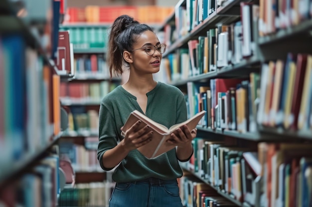 Una joven gerente de proyecto lleva a cabo un análisis de necesidades con el personal de la biblioteca en una biblioteca moderna