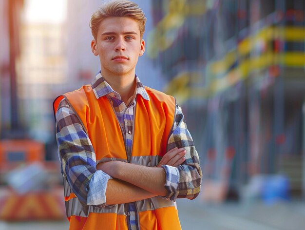 un joven gerente de sitio de construcción con un chaleco naranja con los brazos cruzados